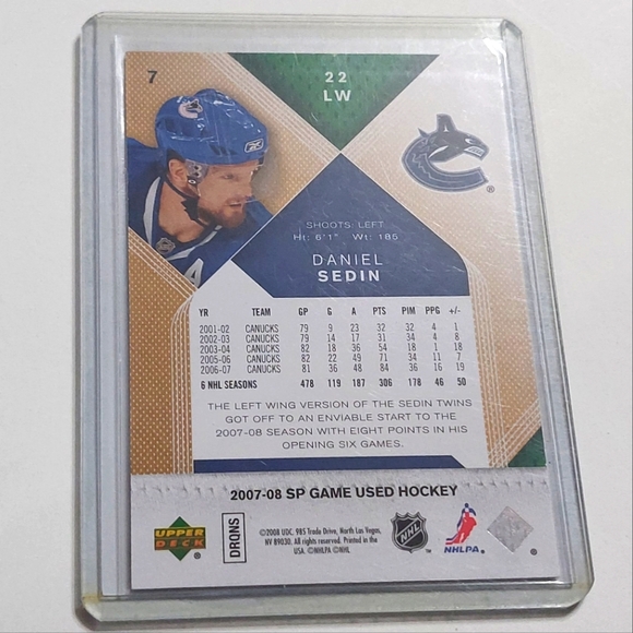 Daniel Sedin 2007/08 Upper Deck SP Authentic Hockey Card Limited 018/100 - Picture 2 of 2